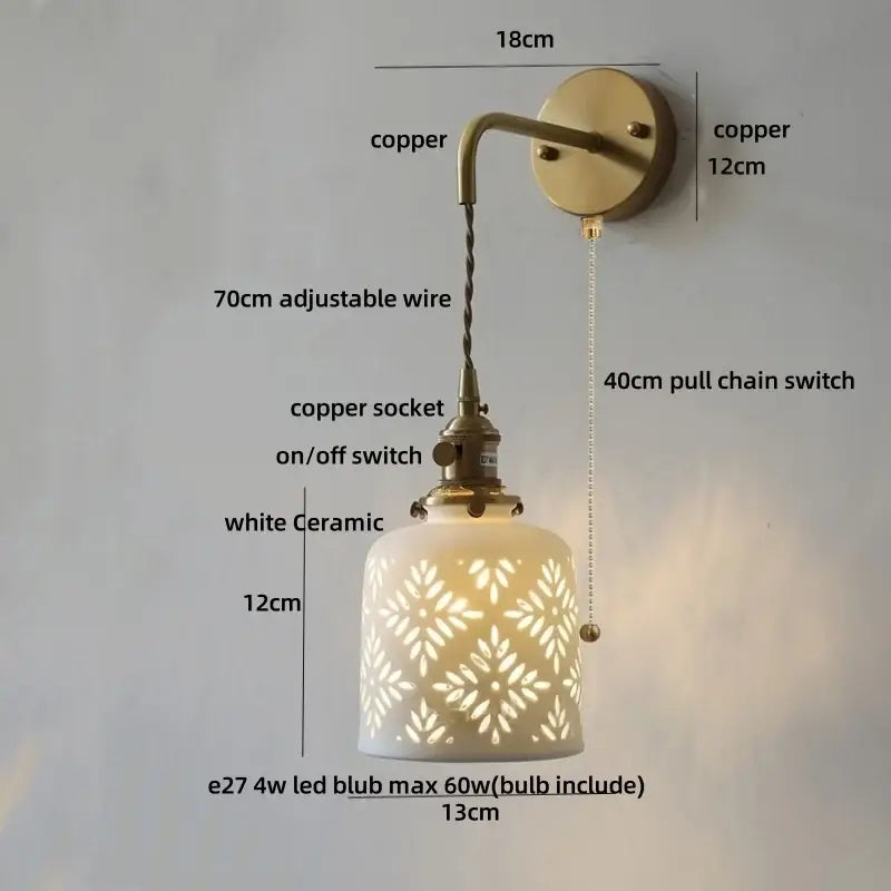 Antique brass ceramic led wall sconce with white frosted leaf-patterned shade and copper accents for bedroom decorbites ceramic led wall