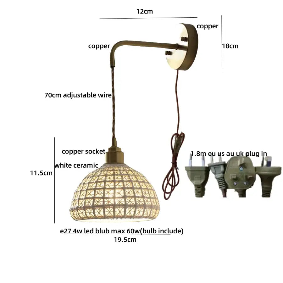 Antique brass ceramic led wall sconce with white ceramic lattice floral shade and adjustable 70cm wire for bedroom decorbites ceramic led