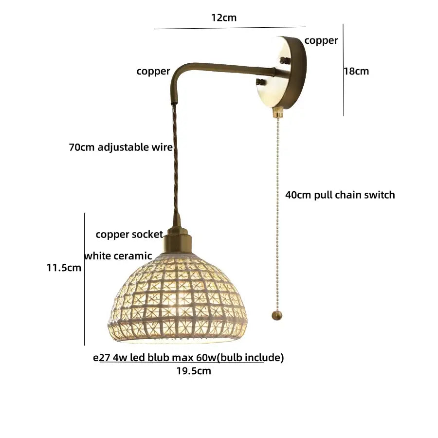 Antique brass ceramic led wall sconce with white ceramic shade featuring intricate woven lattice floral design for bedroom decorbites ceramic led wall