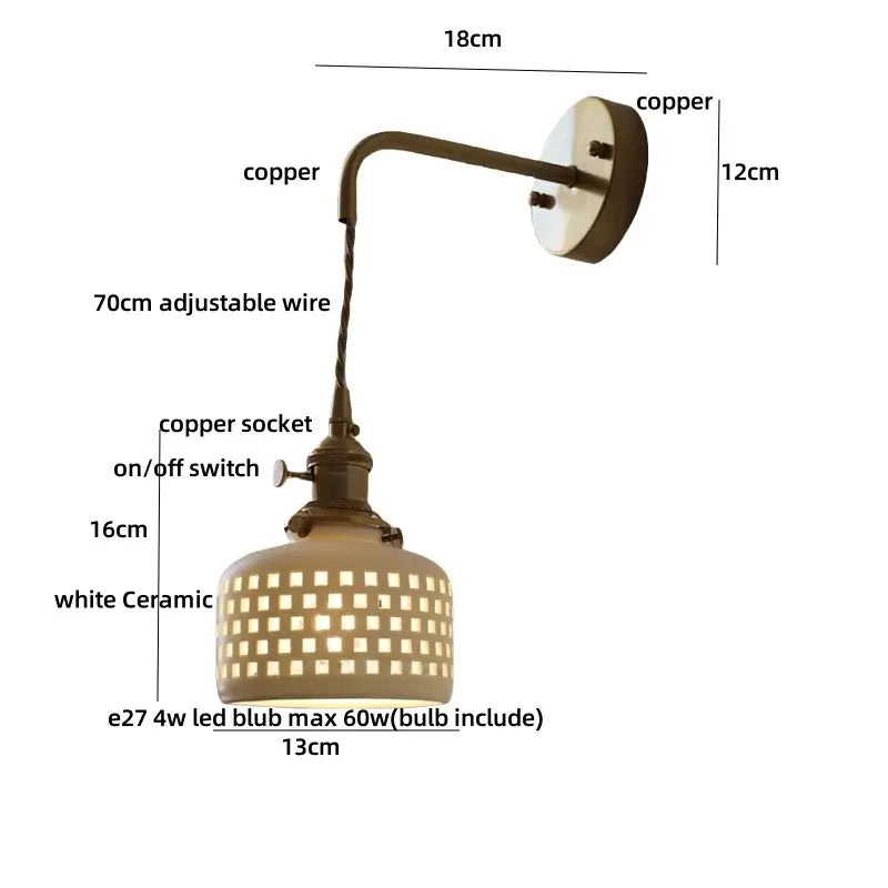 Antique brass ceramic LED wall sconce with white ceramic shade and square cutouts for bedroom decorbites ceramic LED wall