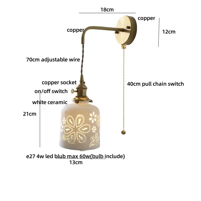 Antique brass ceramic led wall sconce with copper finish, white floral ceramic shade, and 70cm adjustable wire decorbites ceramic led