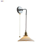 Antique brass ceramic led wall sconce with ribbed frosted glass shade and pull-chain switch for bedroom decorbites ceramic led