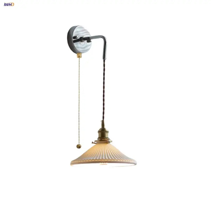 Antique brass ceramic led wall sconce with ribbed frosted glass shade and pull-chain switch for bedroom decorbites ceramic led