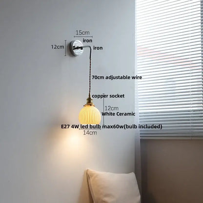 Antique brass ceramic led wall sconce with ribbed white glass shade and adjustable copper socket for bedroom decorbites ceramic led wall