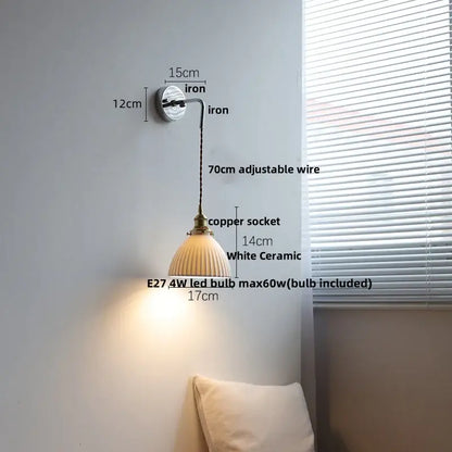Antique brass ceramic led wall sconce with white fluted ceramic shade and ribbed glass for bedroom decorbites ceramic led lighting