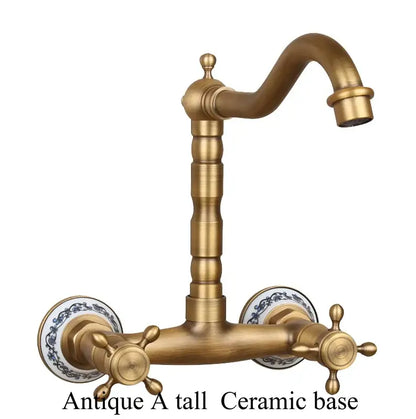 Antique brass ceramic wall mount kitchen faucet with ornate turned spout and blue floral porcelain base decorbites brass ceramic