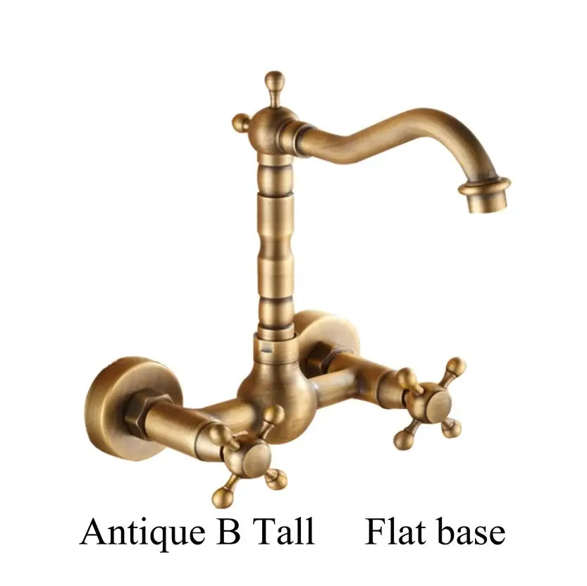 Antique brass ceramic wall mount faucet with tall curved spout and two cross-handle controls for kitchen use