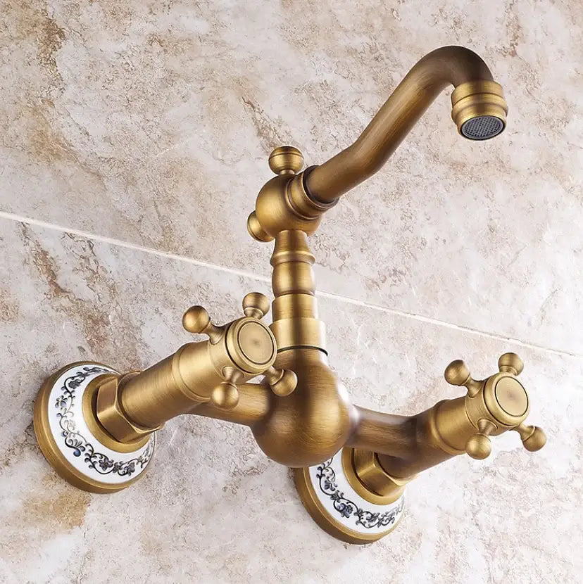Antique brass ceramic wall mount faucet kitchen vintage porcelain with double handles and ornate ceramic escutcheons decorbites brass ceramic