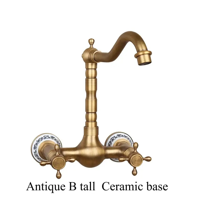 Antique brass ceramic wall mount kitchen faucet with tall curved spout and blue floral ceramic knobs by decorbites brass ceramic