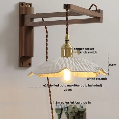 Antique brass ceramic walnut wall sconce with white fluted ceramic shade and brass copper socket switch for bedroom decorbites ceramic walnut wall