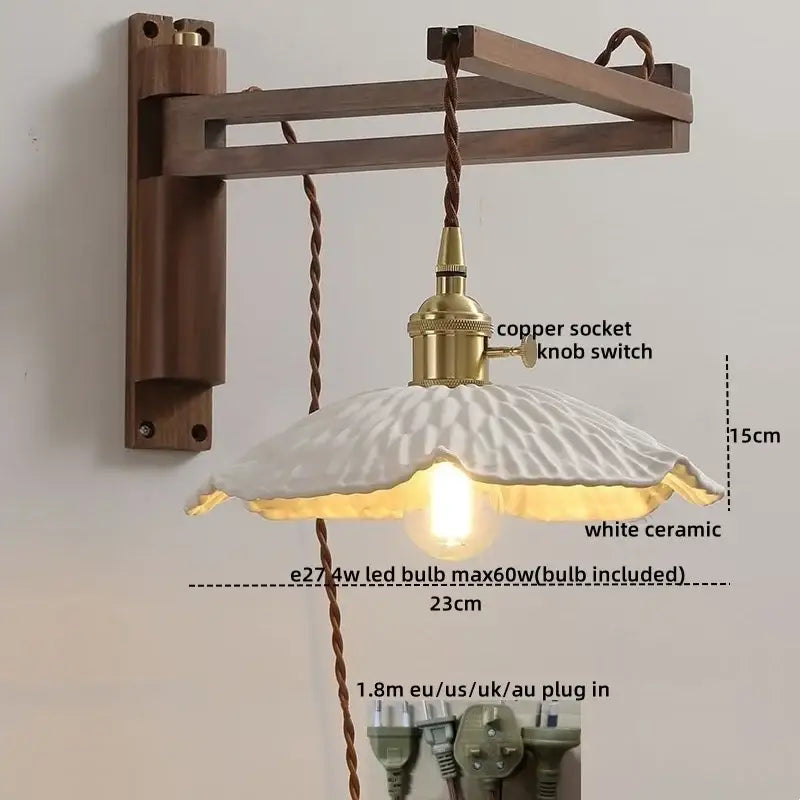 Antique brass ceramic walnut wall sconce with white fluted ceramic shade and brass copper socket switch for bedroom decorbites ceramic walnut wall