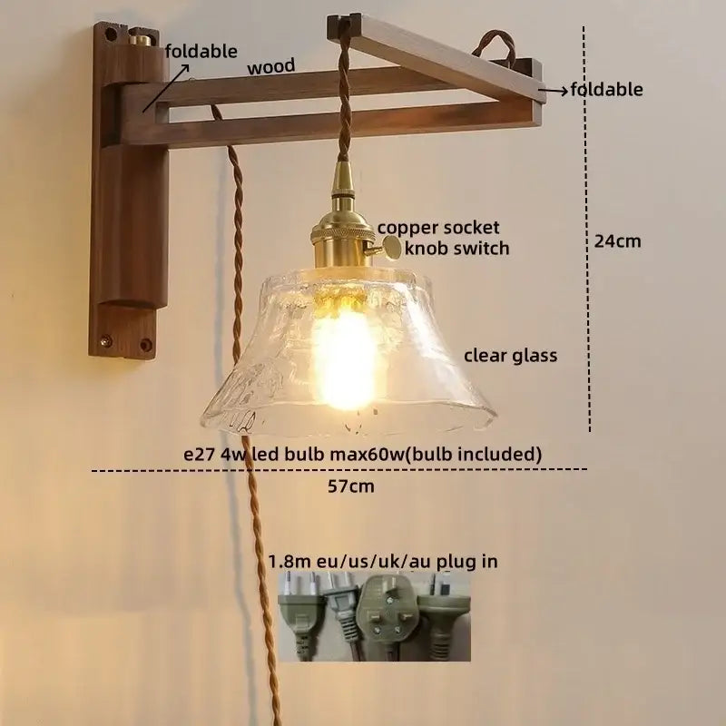 Rustic ceramic walnut wall sconce with antique brass socket and clear textured scalloped glass shade for bedroom decorbites wall sconce