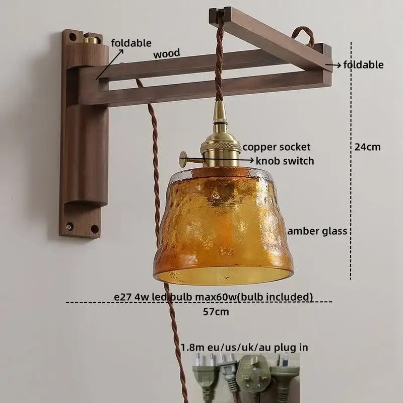 Antique brass ceramic walnut wall sconce with scalloped shade featuring amber glass pendant and brass copper socket decorbites ceramic walnut