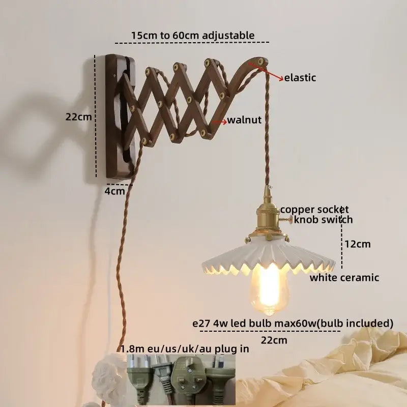 Adjustable antique brass ceramic walnut wall sconce with scalloped white shade and dark walnut articulated arm for bedroom decorbites ceramic walnut wall