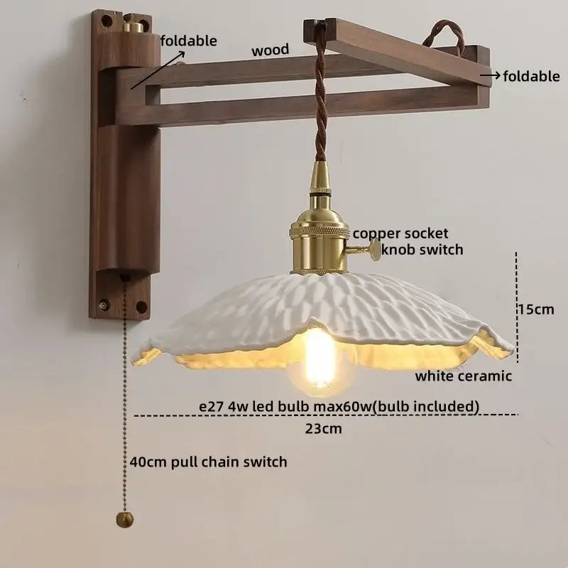 Antique brass ceramic walnut wall sconce with white scalloped ceramic shade on foldable wooden bracket for bedroom decorbites ceramic walnut wall