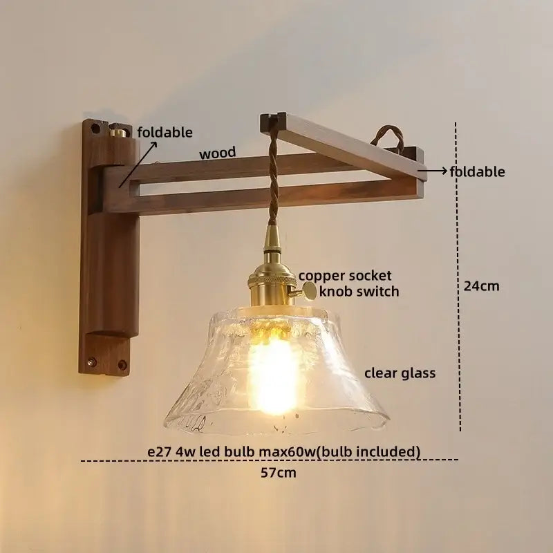 Antique brass ceramic walnut wall sconce with scalloped clear glass shade and wooden foldable bracket for bedroom decorbites ceramic walnut wall