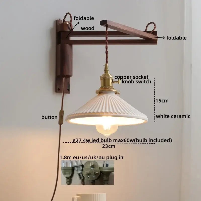 Antique brass ceramic walnut wall sconce with white fluted ceramic shade and brass copper knob switch decorbites ceramic walnut wall