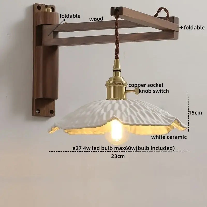 Antique brass ceramic walnut wall sconce with foldable wooden arm and scalloped white ceramic shade for bedroom decorbites ceramic walnut wall