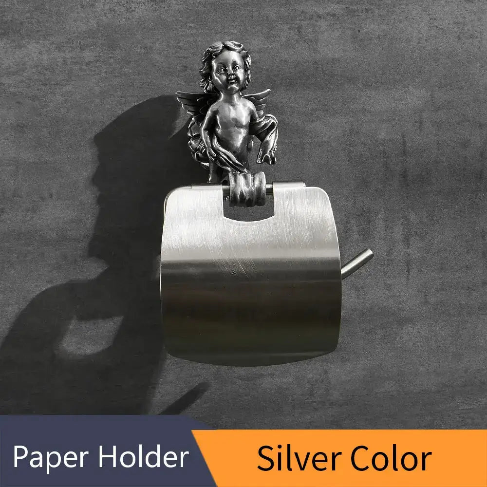Silver-toned toilet paper holder with detailed cherub figurine featuring wings and curly hair by decorbites classic angel