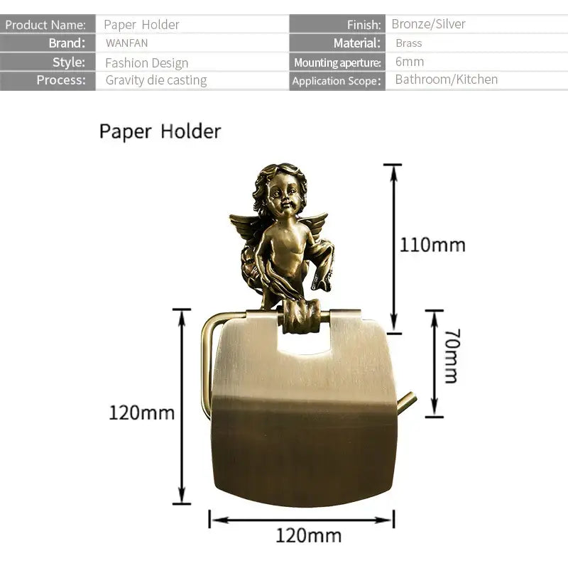 Bronze-finished brass toilet paper holder with detailed cherub figurine on curved rectangular base decorbites classic angel