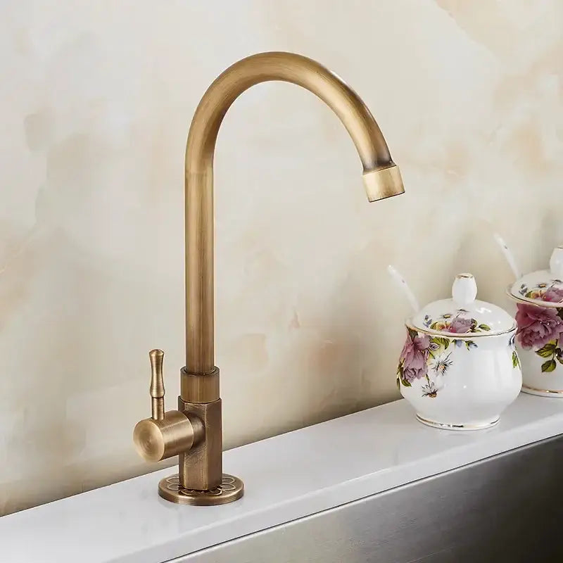 Antique brass classic cold water kitchen faucet with curved spout and single lever handle by decorbites brass classic