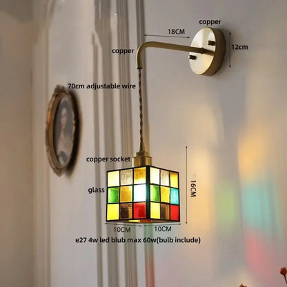 Colorful stained glass cube wall lamp with copper finish arm and decorbites clear flower acrylic for bedroom stair light
