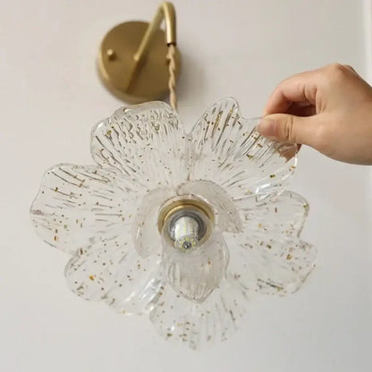 Antique brass clear flower acrylic wall lamp with gold foil accents and brass plate for bedroom stair light decorbites clear flower