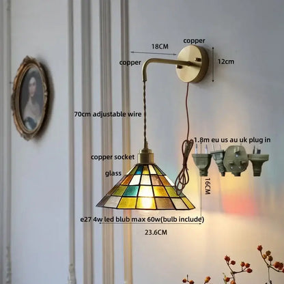 Antique brass clear flower acrylic wall lamp with copper arm and tiffany-style stained glass shade for bedroom stair light