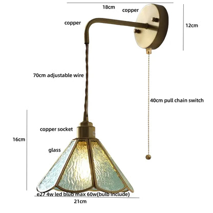 Antique brass wall lamp with decorbites clear flower acrylic shade featuring textured blue and amber panels for bedroom stair light
