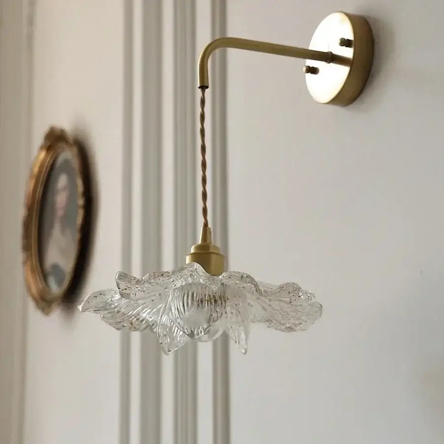 Antique brass clear flower acrylic wall lamp with delicate glass pendant light and brass arm for bedroom stair light decorbites clear flower