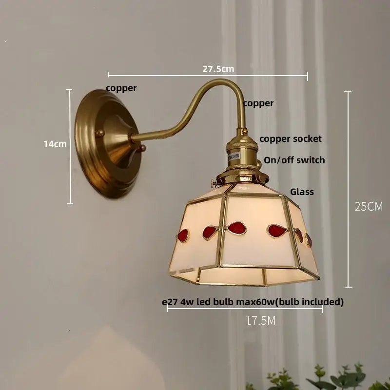 Antique brass clover glass brass wall sconce with hexagonal red stained glass shade for dining room decorbites glass brass