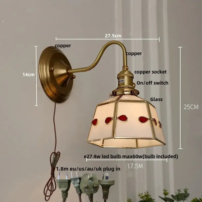 Antique brass clover glass brass wall sconce with hexagonal red stained glass shade for dining room decorbites glass brass wall