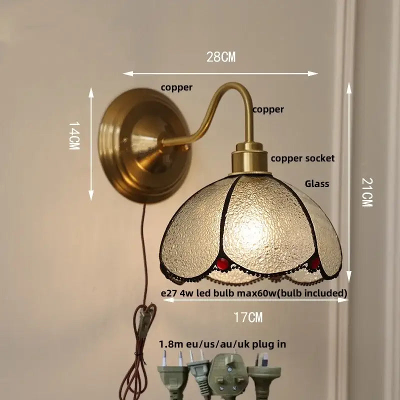 Antique brass clover glass brass wall sconce with textured glass shade red accents and black lace trim for dining room decorbites glass brass wall