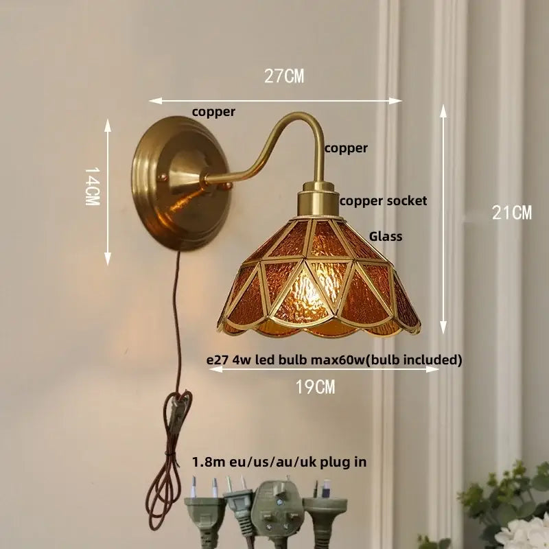 Antique brass clover glass brass wall sconce with amber stained glass shade for dining room decorbites glass brass lighting