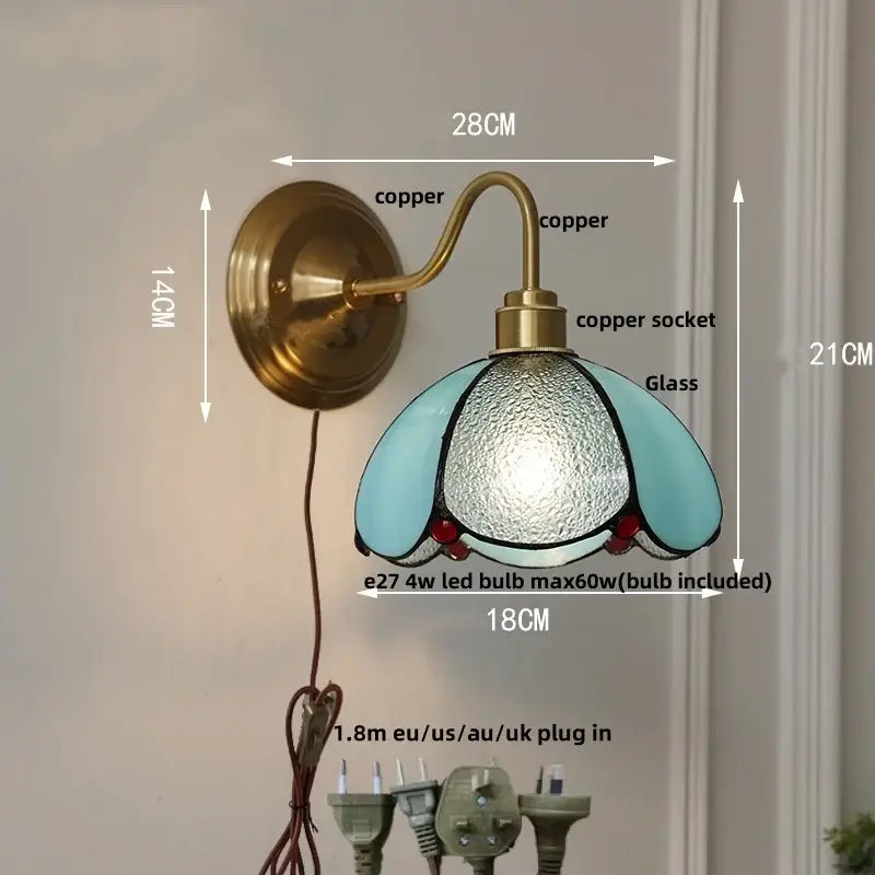 Antique brass clover glass brass wall sconce with copper finish and tiffany-style light blue glass brass wall decorbites glass brass