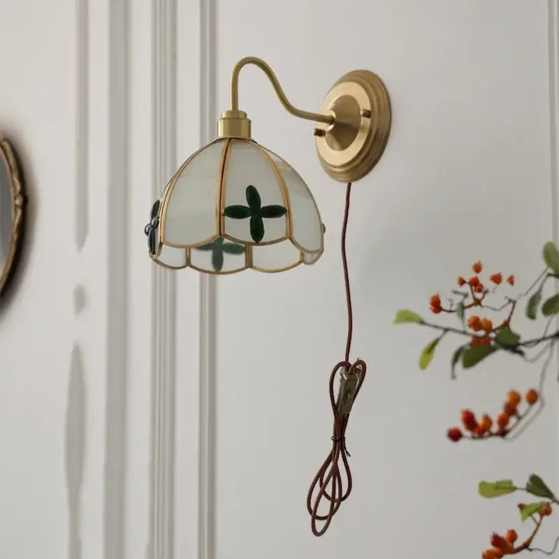 Antique brass clover glass brass wall sconce with green petal-shaped shade for dining room decorbites glass brass light