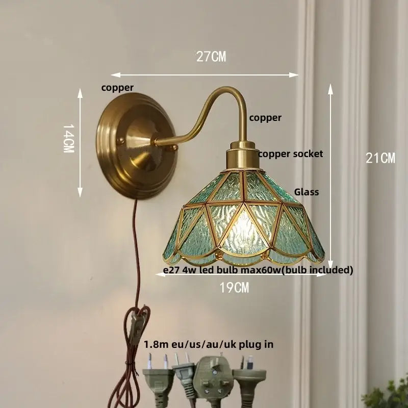 Antique brass clover glass brass wall sconce with teal stained glass shade and geometric leaded design for dining room decorbites glass brass