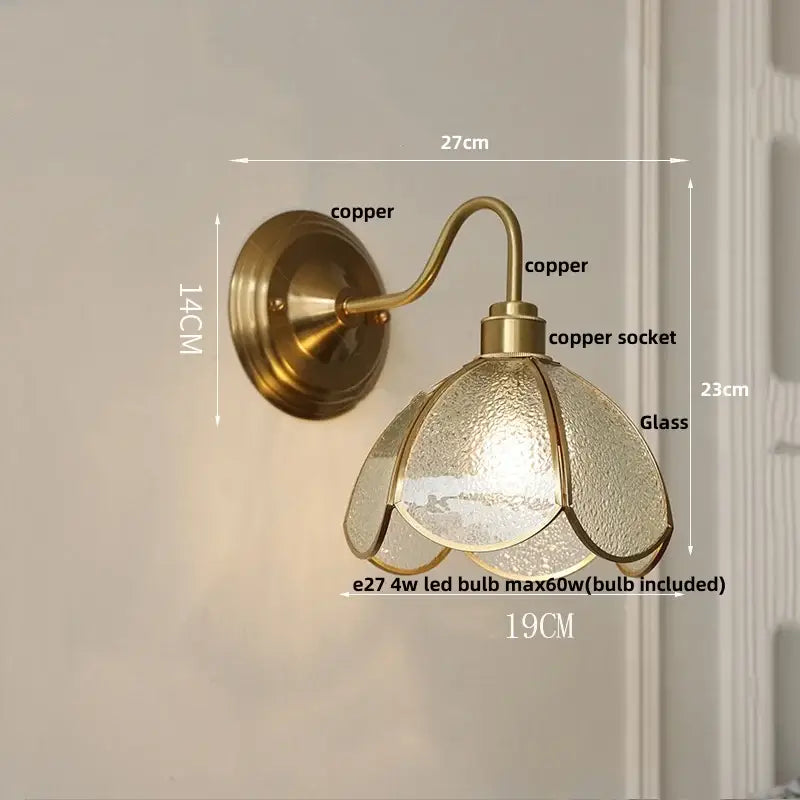 Antique brass clover glass brass wall sconce with textured petal-shaped glass shade for dining room decorbites glass brass