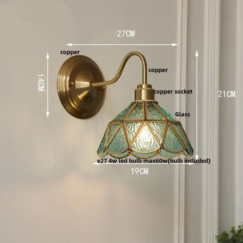 Antique brass clover glass brass wall sconce with teal stained glass shade featuring geometric leaded design for dining room decorbites glass brass wall
