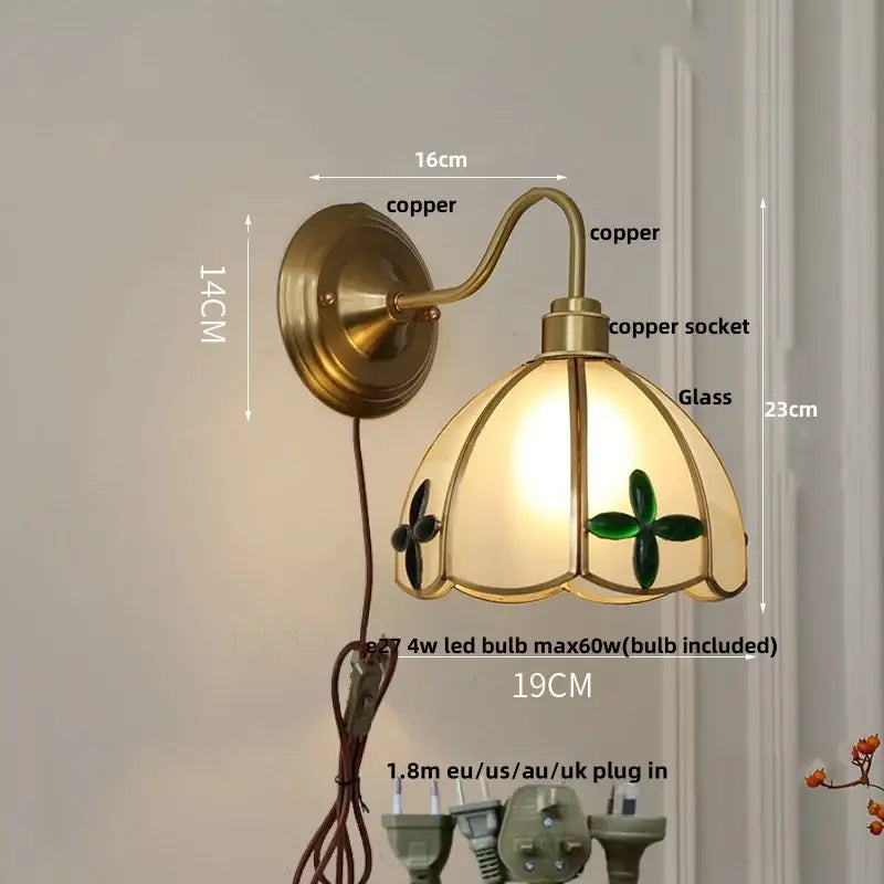 Antique brass clover glass brass wall sconce with a copper base and green floral stained glass shade for dining room decorbites glass brass wall