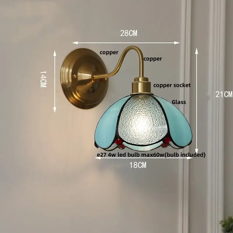 Antique brass clover glass brass wall sconce with vintage copper finish and handcrafted light blue petal shade for dining room decorbites glass brass wall