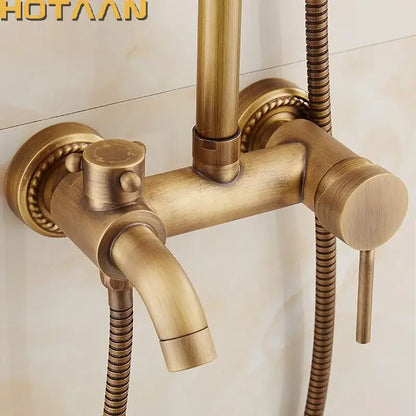 Antique brass concealed wall mounted shower faucet with ornate beaded detailing and matching handheld spray by decorbites