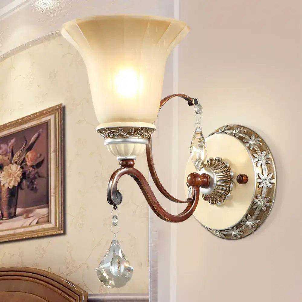 Antique brass and cream lodge style bell wall sconce with crystal droplets suitable for led incandescent fluorescent bulbs
