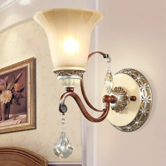 Antique brass and cream lodge style bell wall sconce with crystal droplets suitable for led incandescent fluorescent bulbs