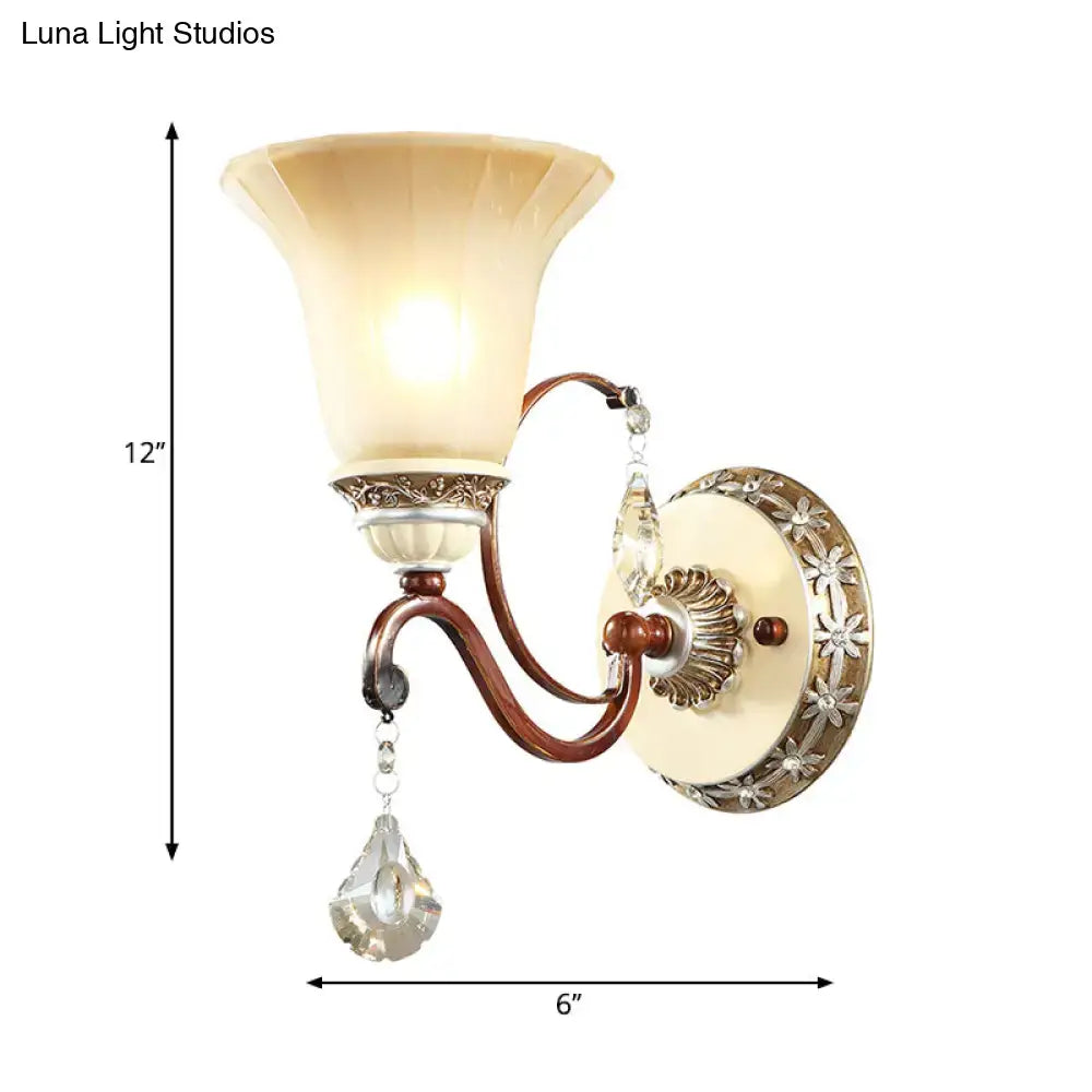 Antique brass and cream lodge style bell wall sconce with glass lampshade, bronze arms, crystal droplet for led incandescent fluorescent lighting