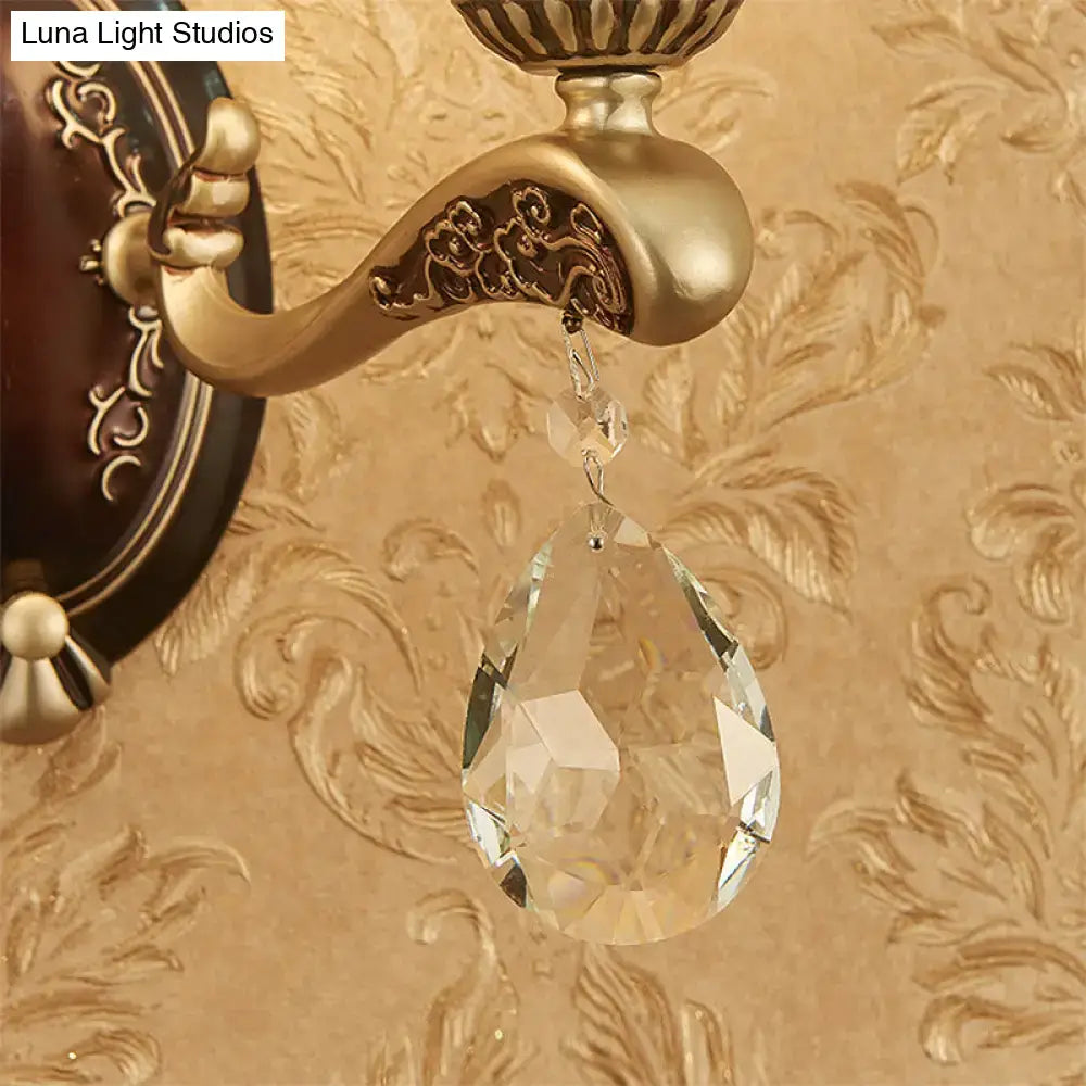 Antique brass wall lamp with clear faceted teardrop crystal pendant and e12 e14 base for bedroom sconce lighting