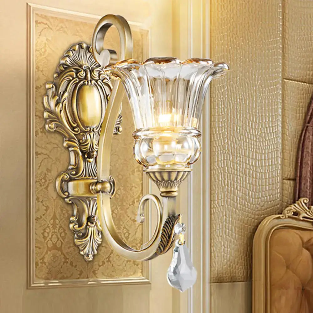 Antique brass crystal drop wall sconce with clear fluted glass shade and led light for 220v-240v and 110v-120v use
