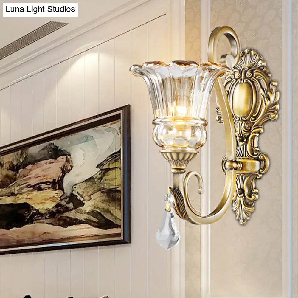 Antique brass crystal drop wall sconce with fluted glass shade suitable for 220v-240v led incandescent fluorescent use