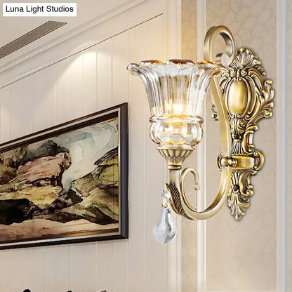 Antique brass crystal drop wall sconce with fluted glass shade suitable for 220v-240v led incandescent fluorescent use