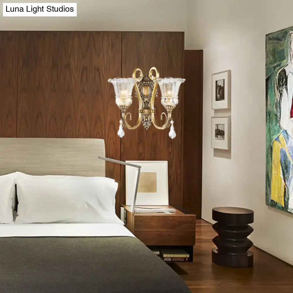 Antique brass crystal drop wall sconce with gold-toned finish clear glass shades for bedroom led 220v-240v 110v-120v lighting